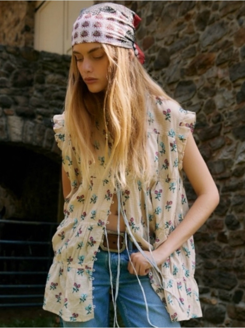 Free People Sun-down Tunic Mini Dress Floral Tiered Button-down Size Medium